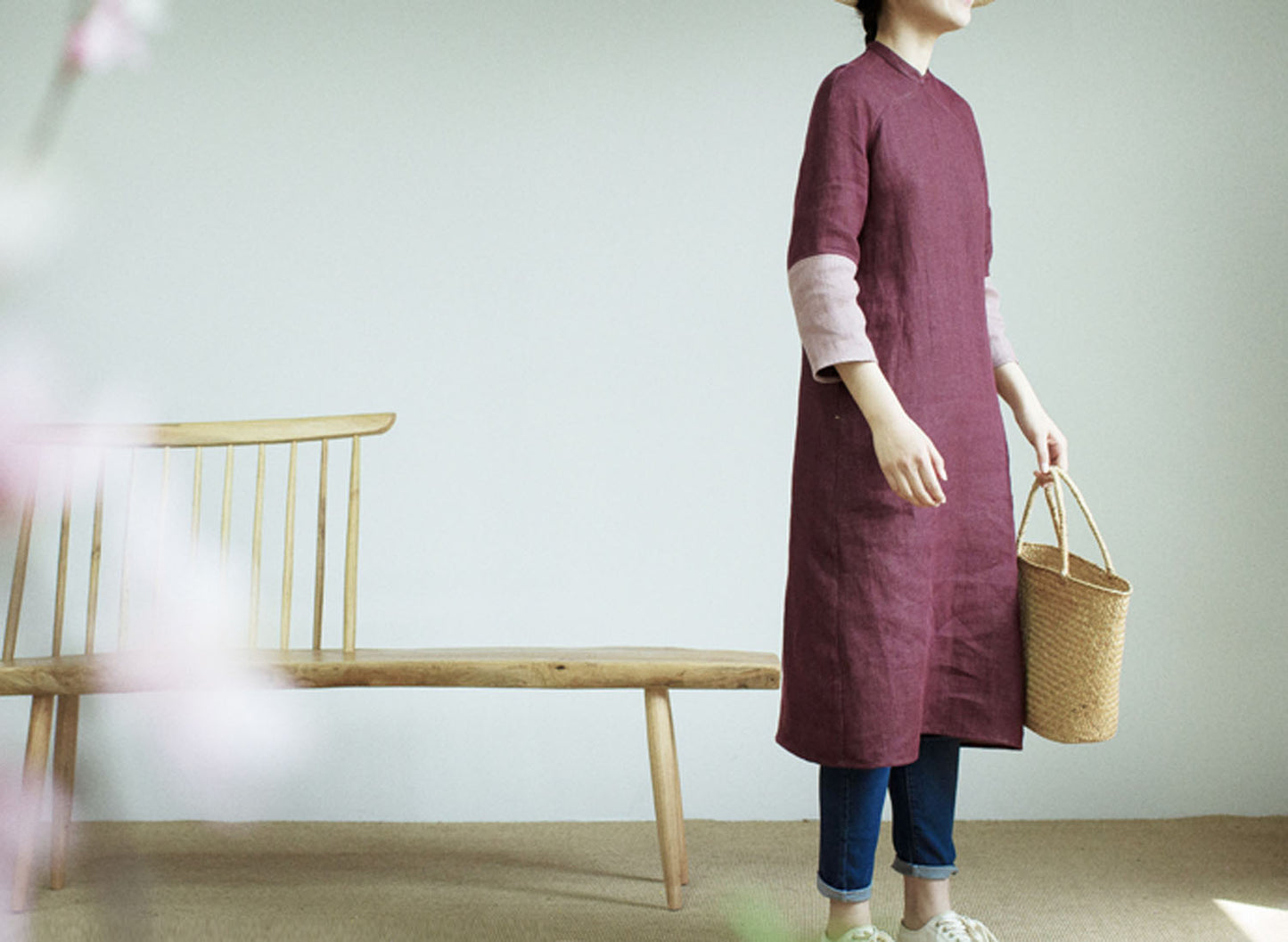 edoa Burgendy Two Tone Linen Modified Qipao