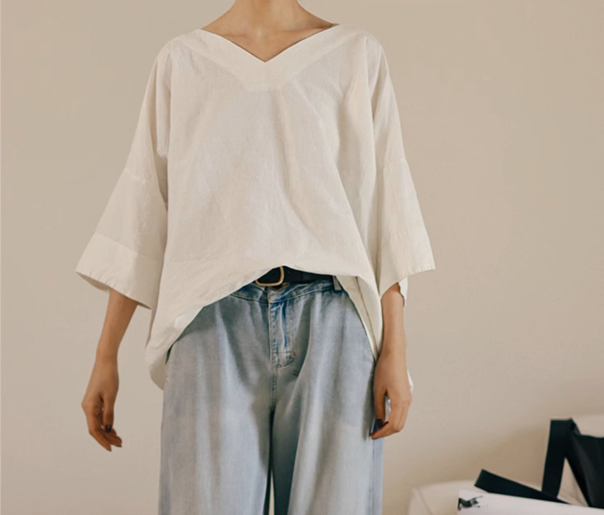 edoa Oversized Linen 3/4 Sleeves Blouse