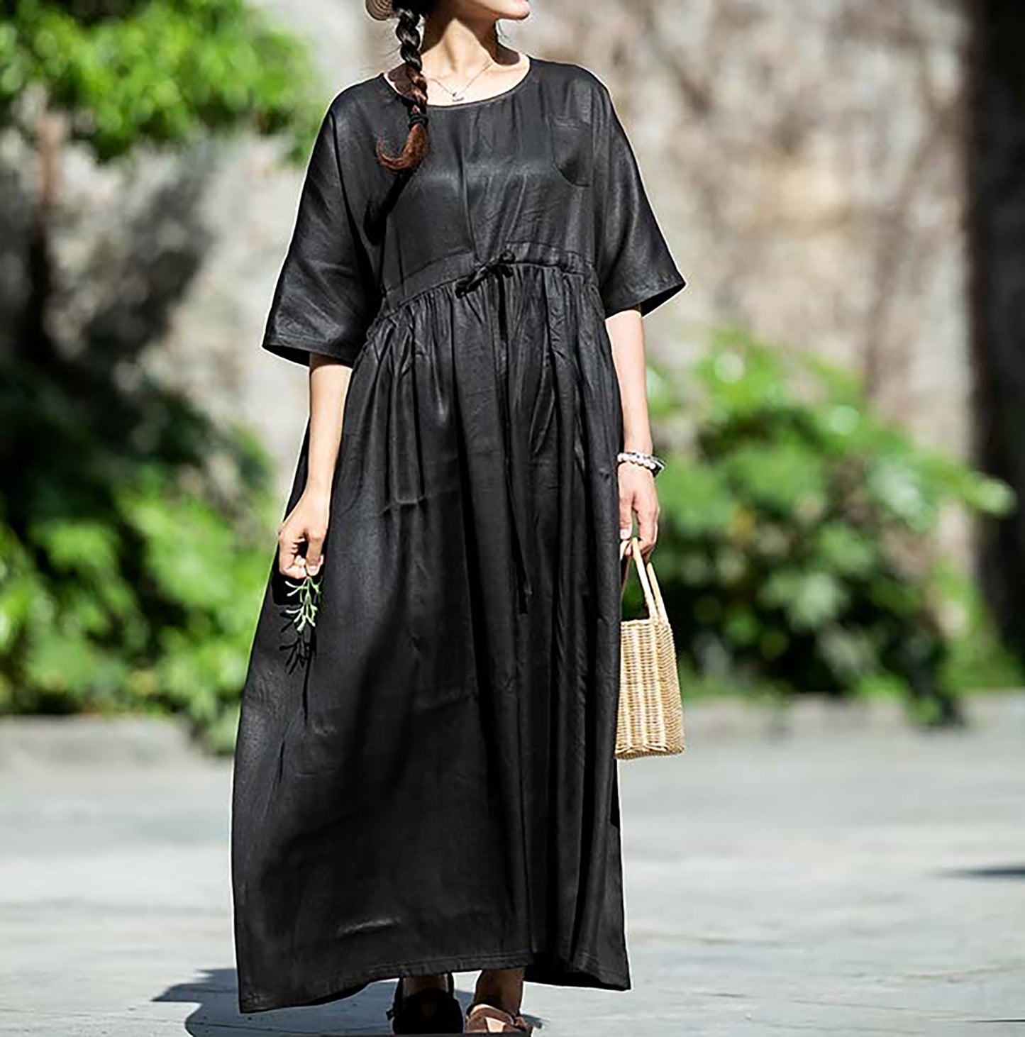 edoa Oversized Mud Silk Charmeuse  Gather Waist Dress