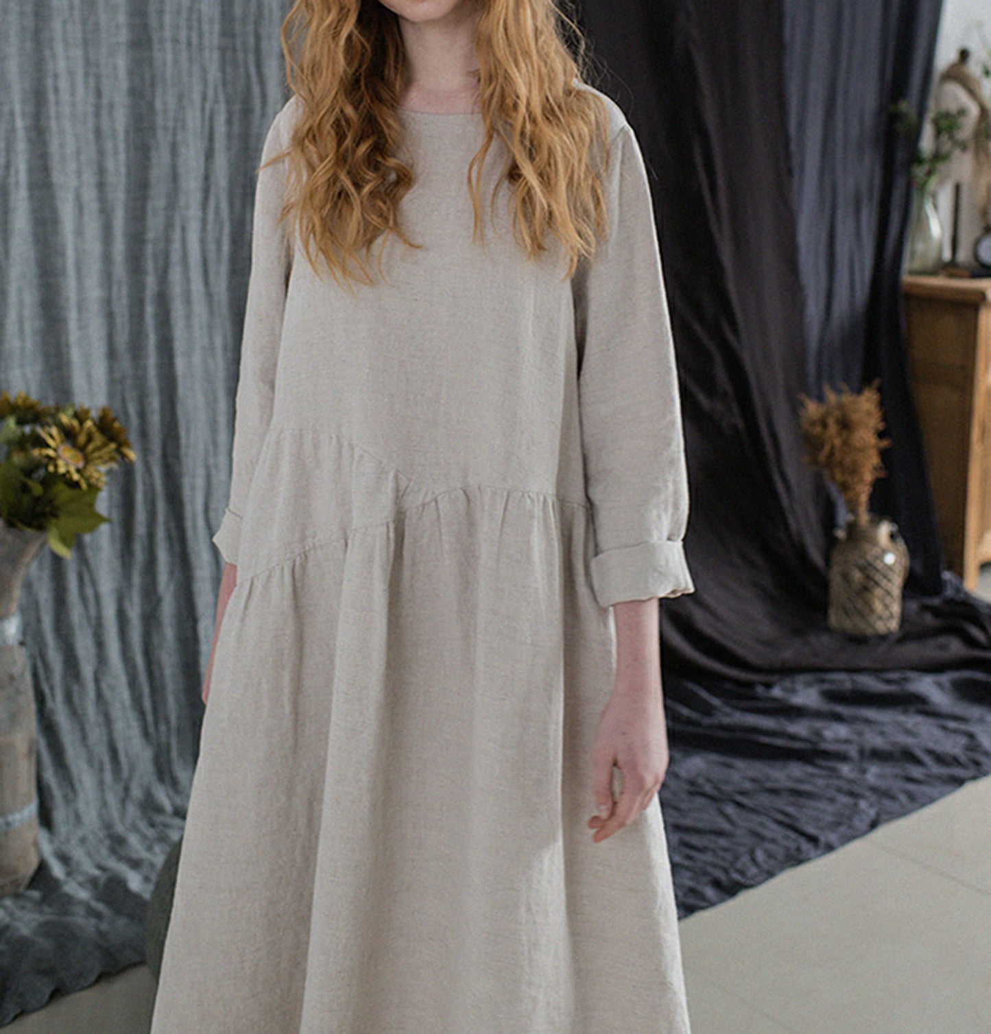 edoa Flax Linen Gathering Dress