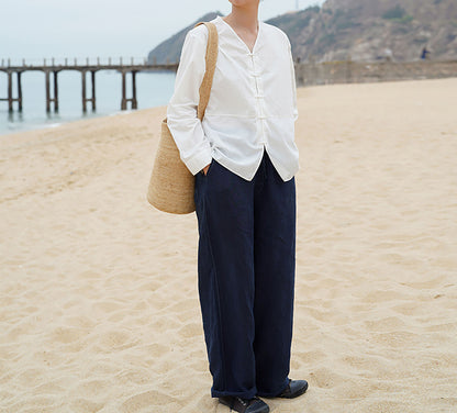 edoa Longsleeve Paper Cotton V-neck Shirt