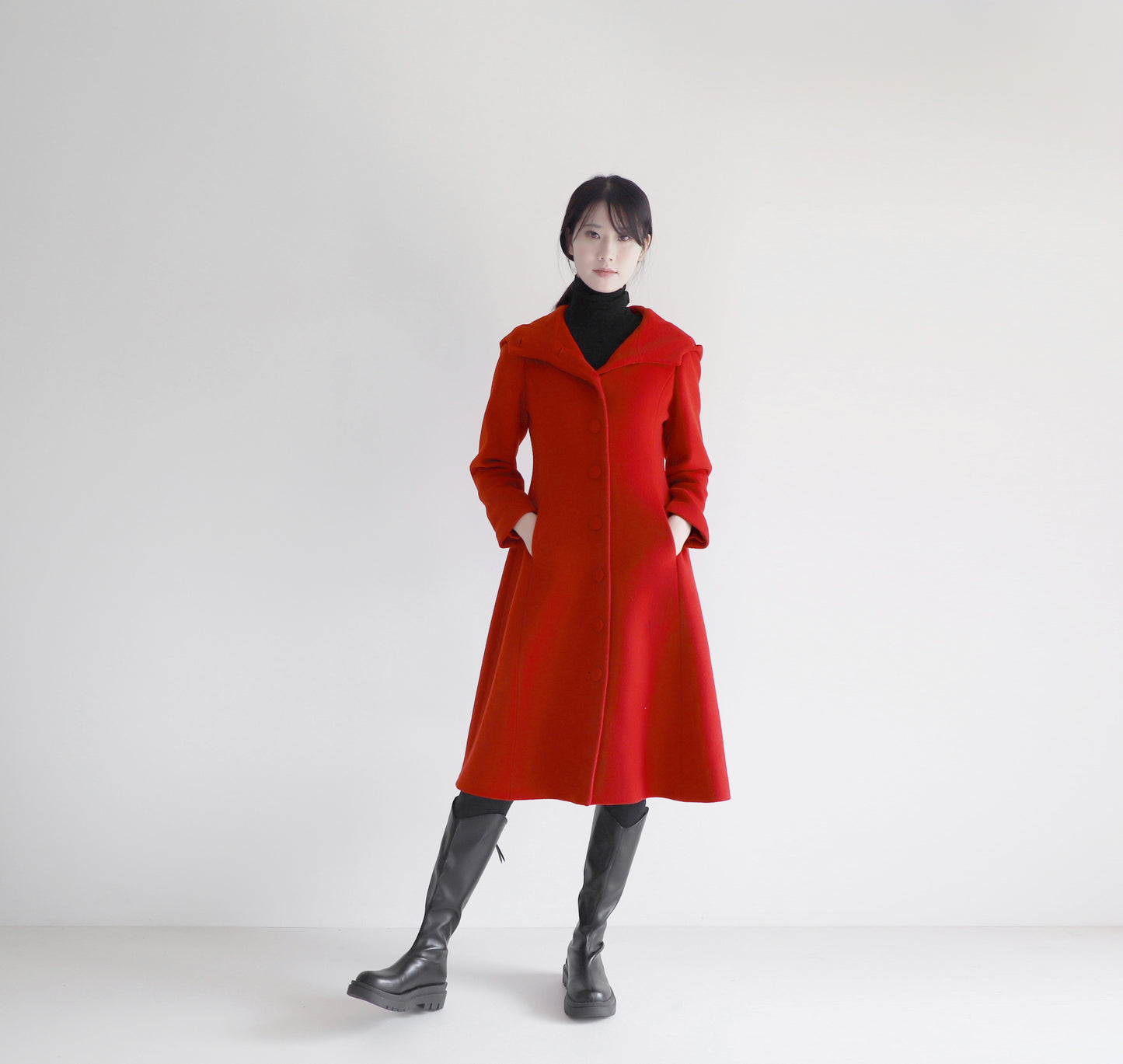 edoa red hooded merino wool coat