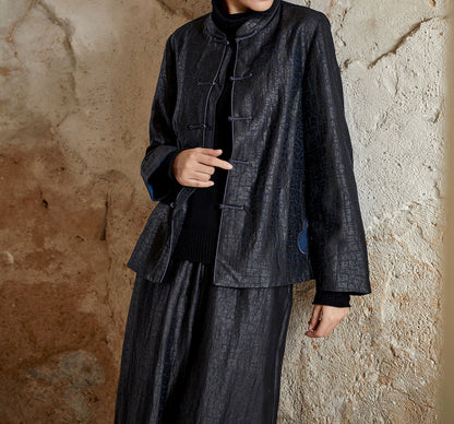 edoa Cracked Mud Silk Short Chinese Jacket with Hand Embroidery