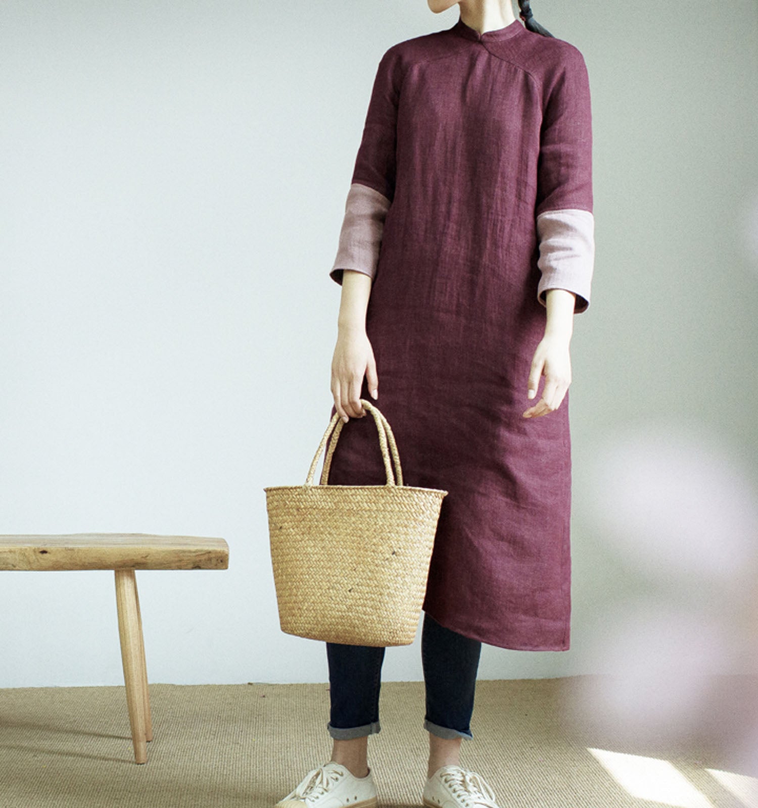edoa Burgendy Two Tone Linen Modified Qipao