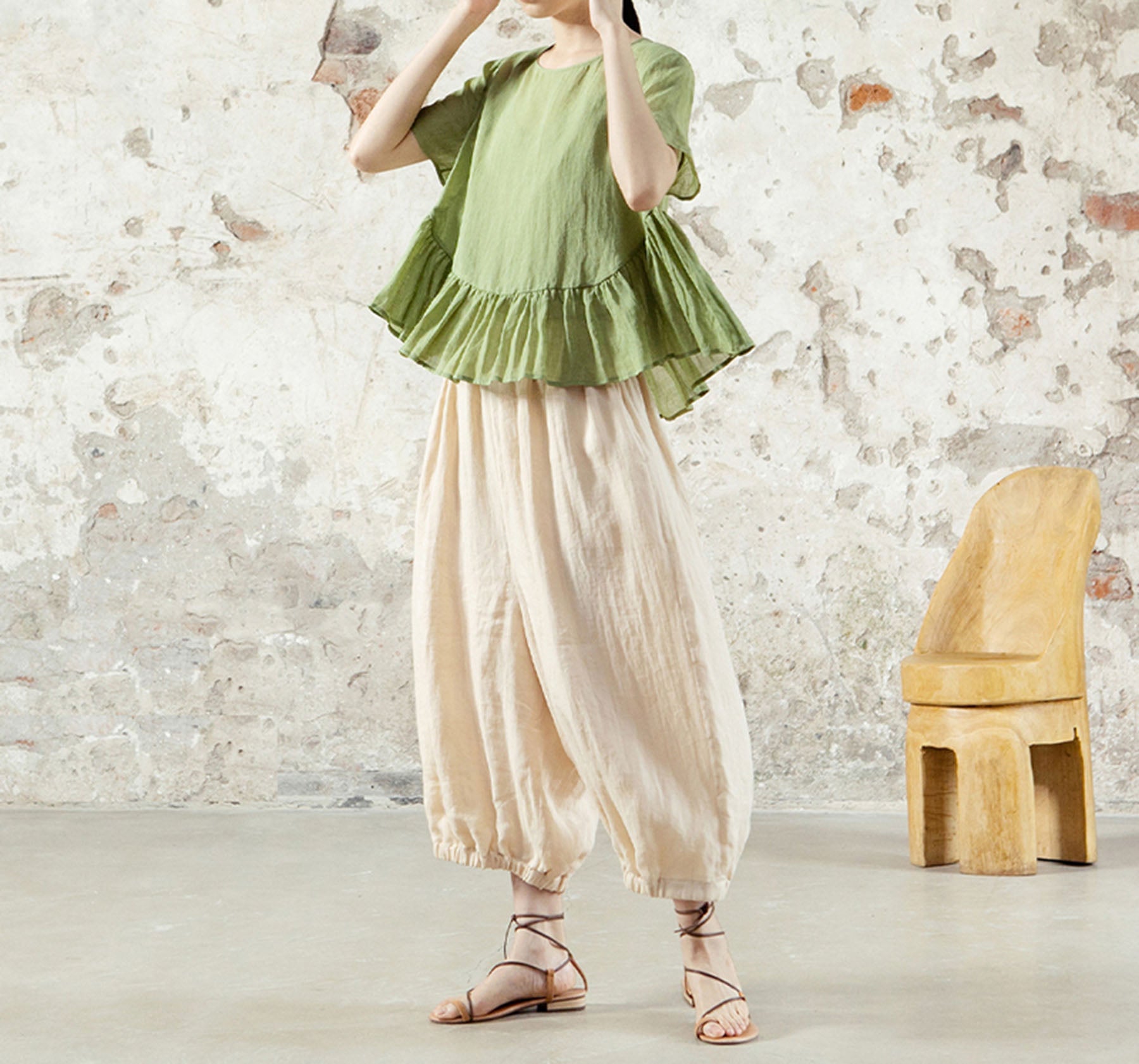 edoa High Counted Ramie Double Layer Lantern Pants