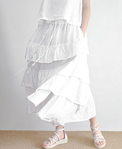 edoa linen tiered white skirt