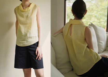 edoa Washed Linen Drape Collar Sleeveless Tunic
