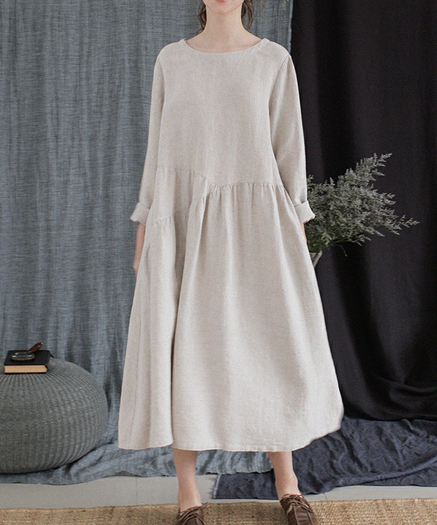 edoa Flax Linen Gathering Dress