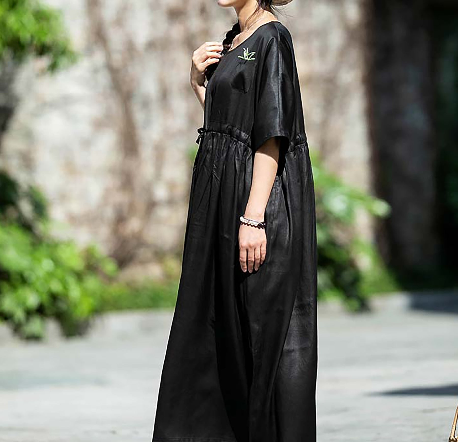 edoa Oversized Mud Silk Charmeuse  Gather Waist Dress