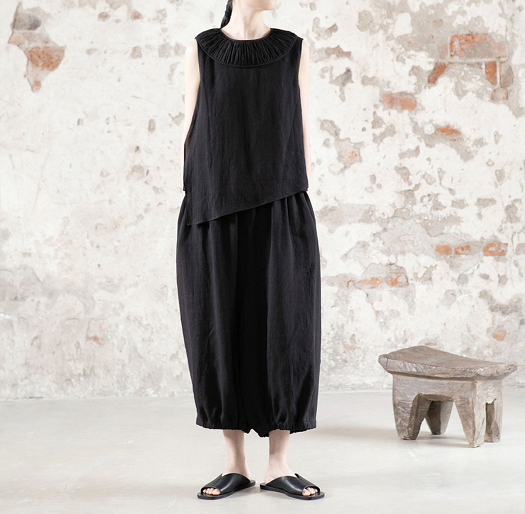 edoa High Counted Ramie Double Layer Lantern Pants