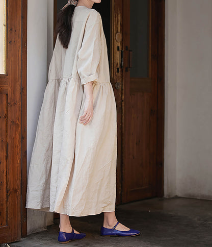 edoa Flax Linen Low-waist Wide Dress