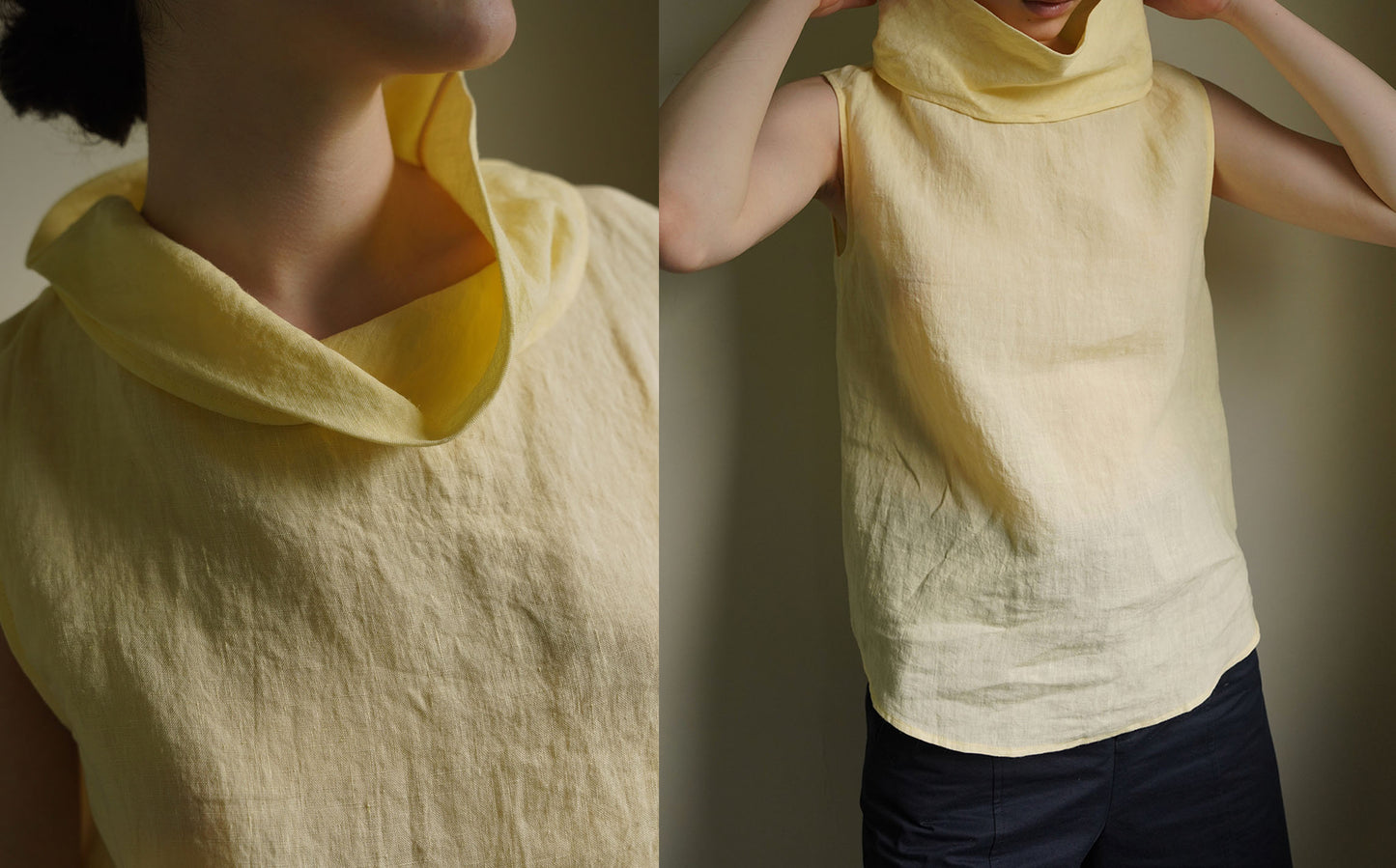 edoa Washed Linen Drape Collar Sleeveless Tunic