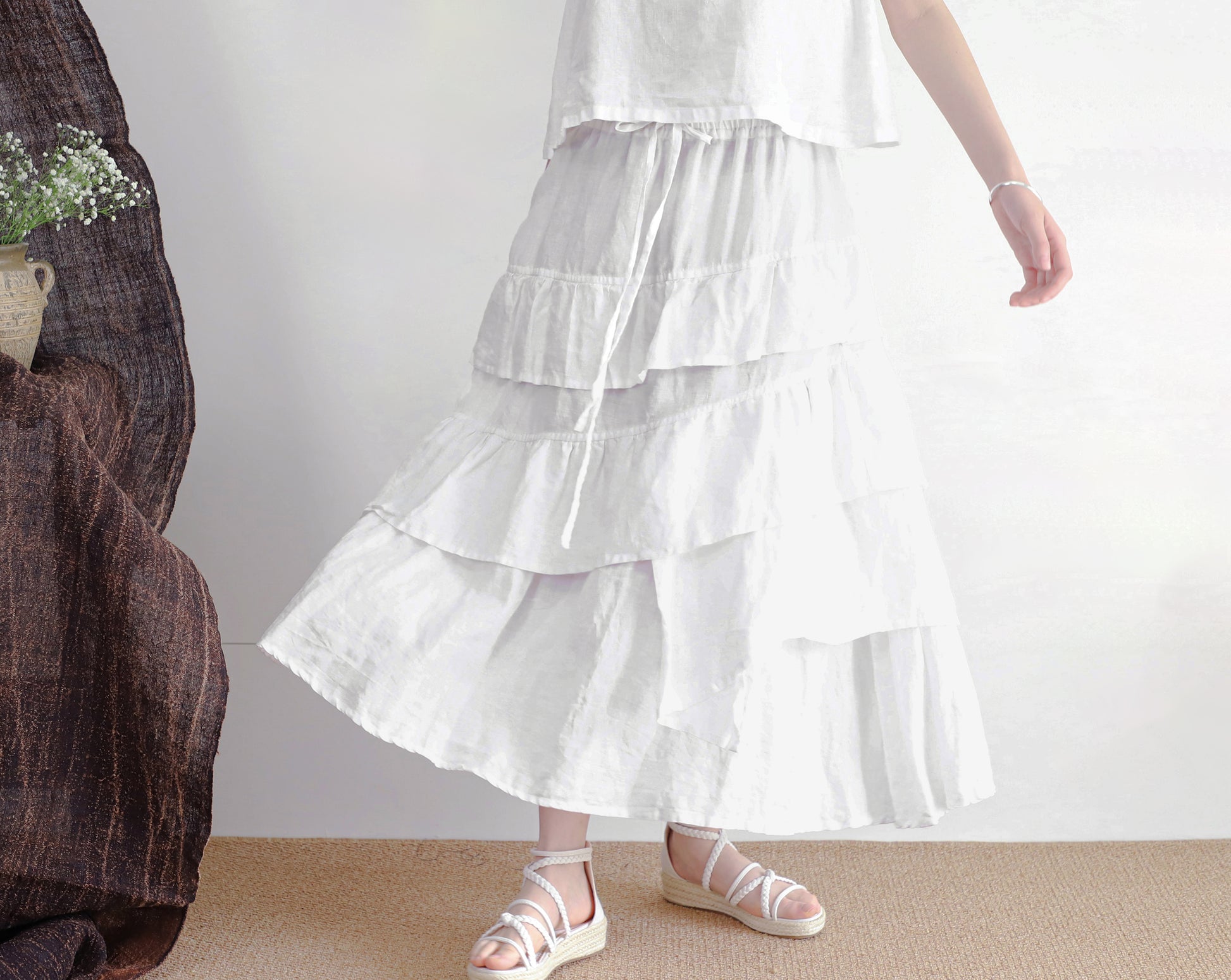 edoa linen tiered white skirt