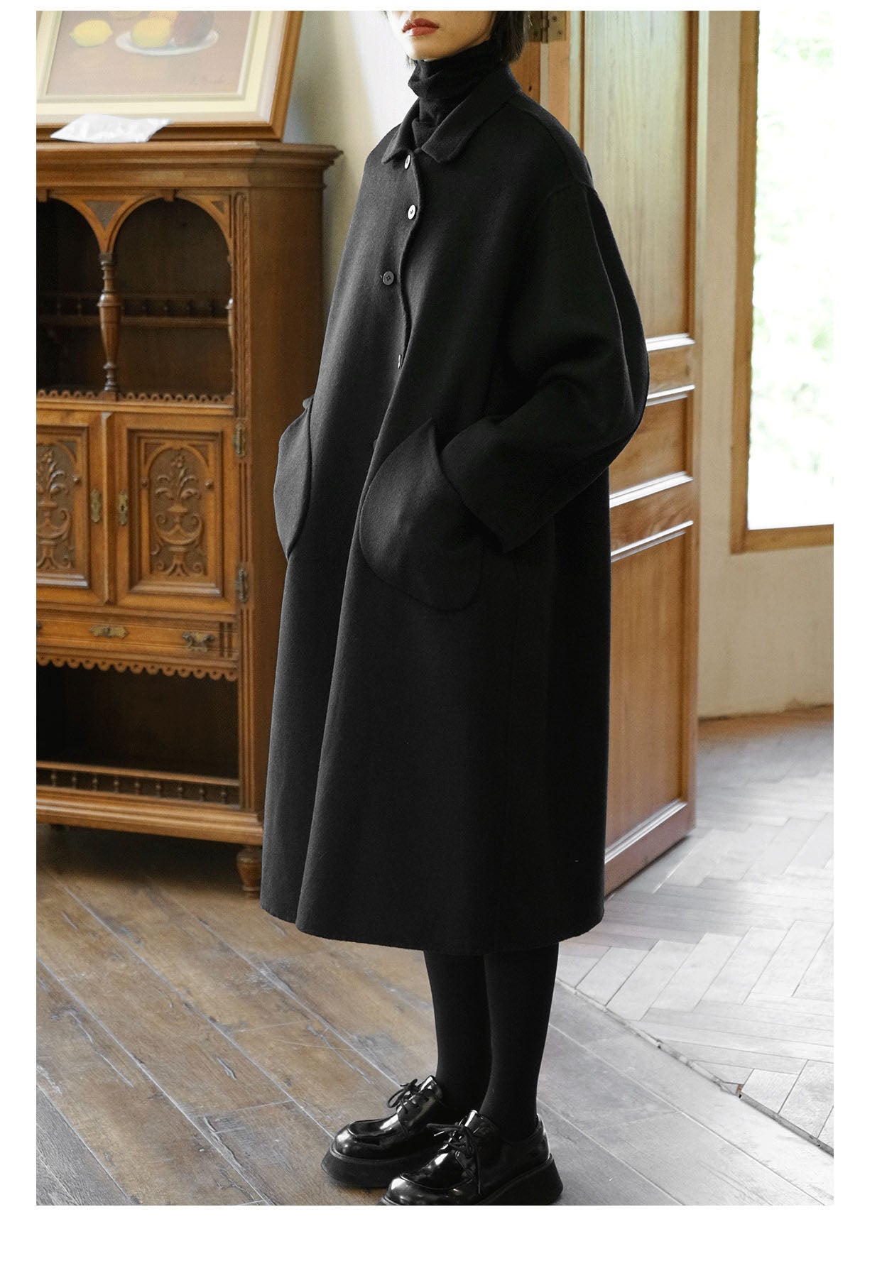 edoa Wool Coat with Crossed Wavy Placket 