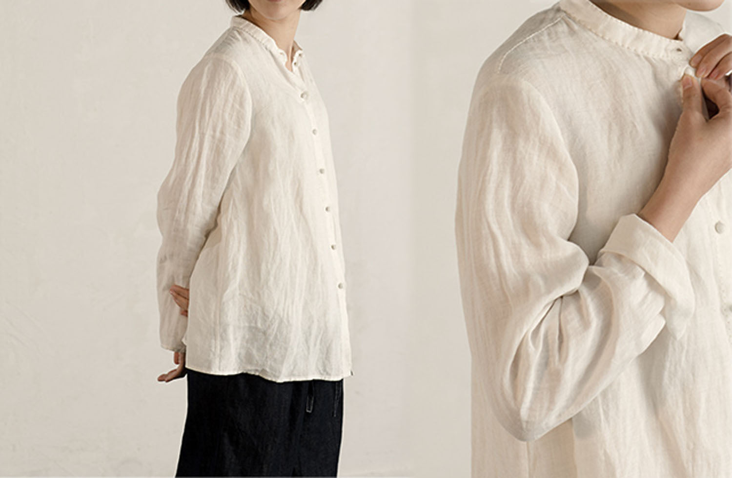 edoa Linen Stand Collar Shirt 