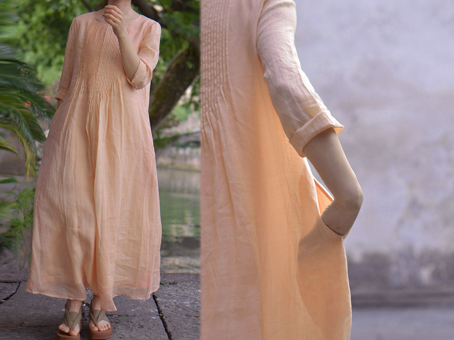 edoa Hand Pintucked Floor-length Dress