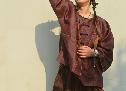 edoa Loose Distressed Mud Silk Chinese Jacket