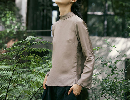 edoa Mulberry Silk Habutae Stand Collar Blouse