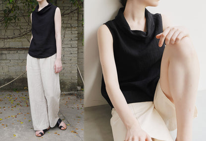 edoa Washed Linen Drape Collar Sleeveless Tunic