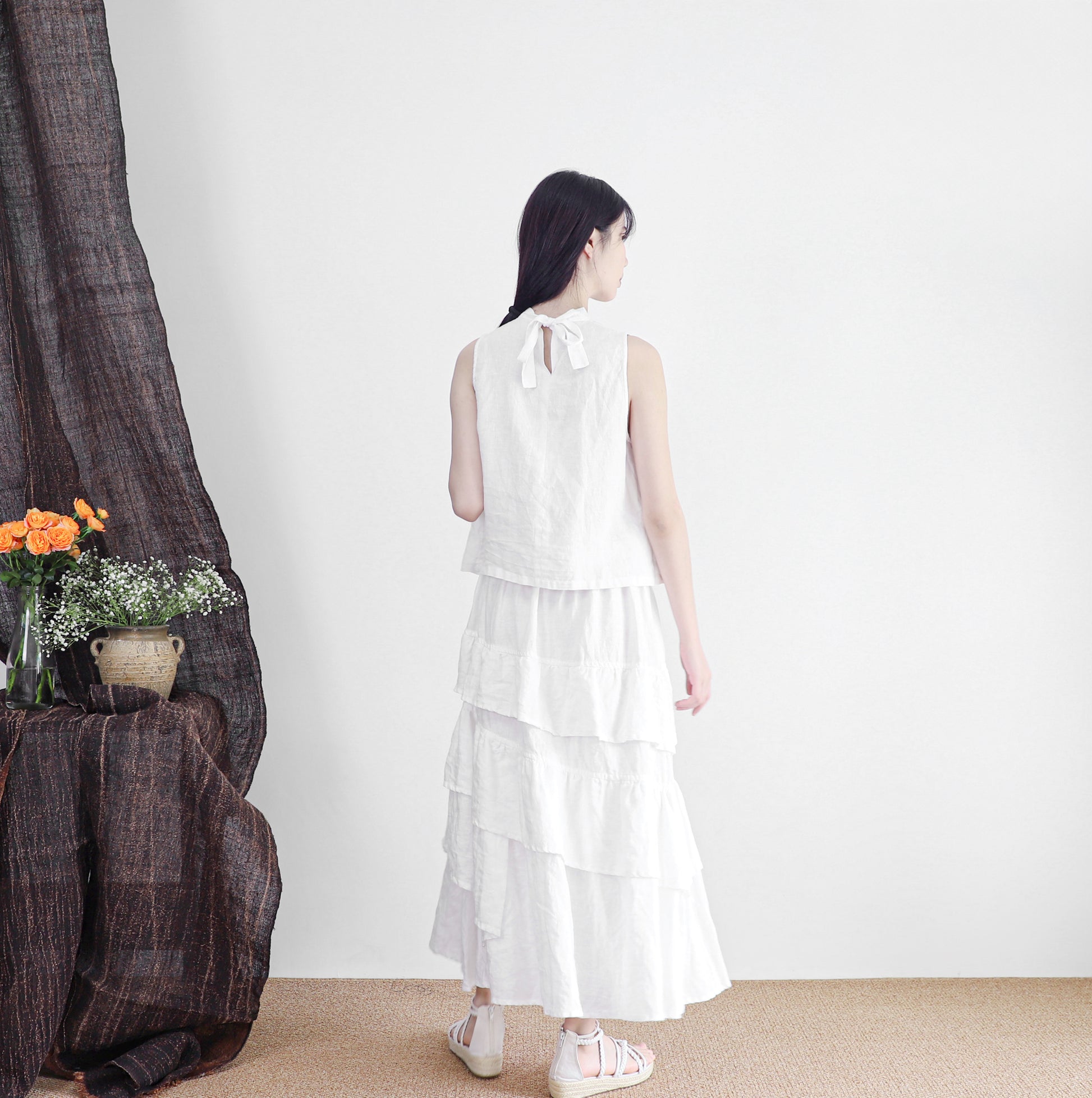 edoa linen tiered white skirt