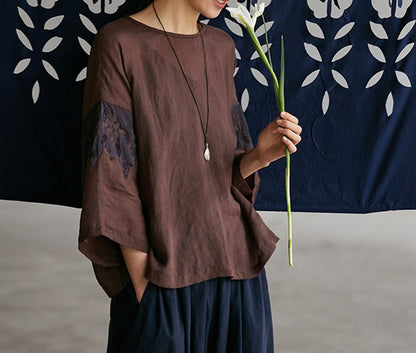 edoa Ramie Tee with Toned Dupioni Hand-sewn Applique'