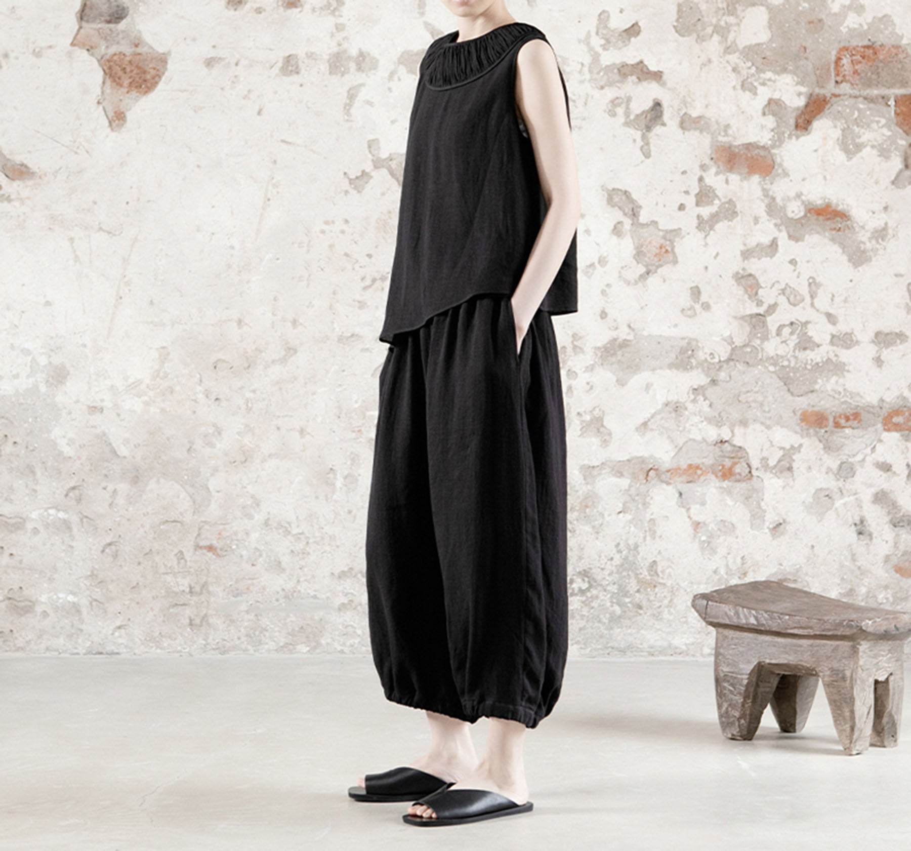 edoa High Counted Ramie Double Layer Lantern Pants