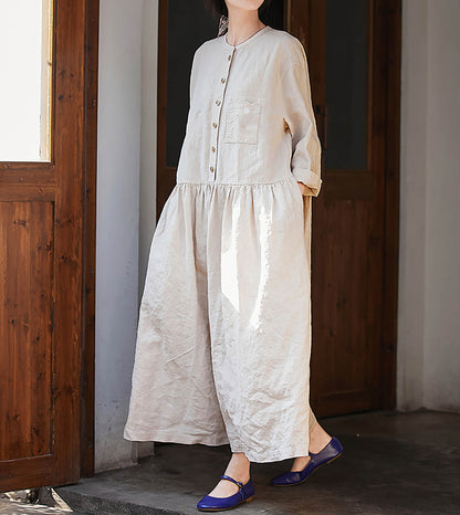 edoa Flax Linen Low-waist Wide Dress