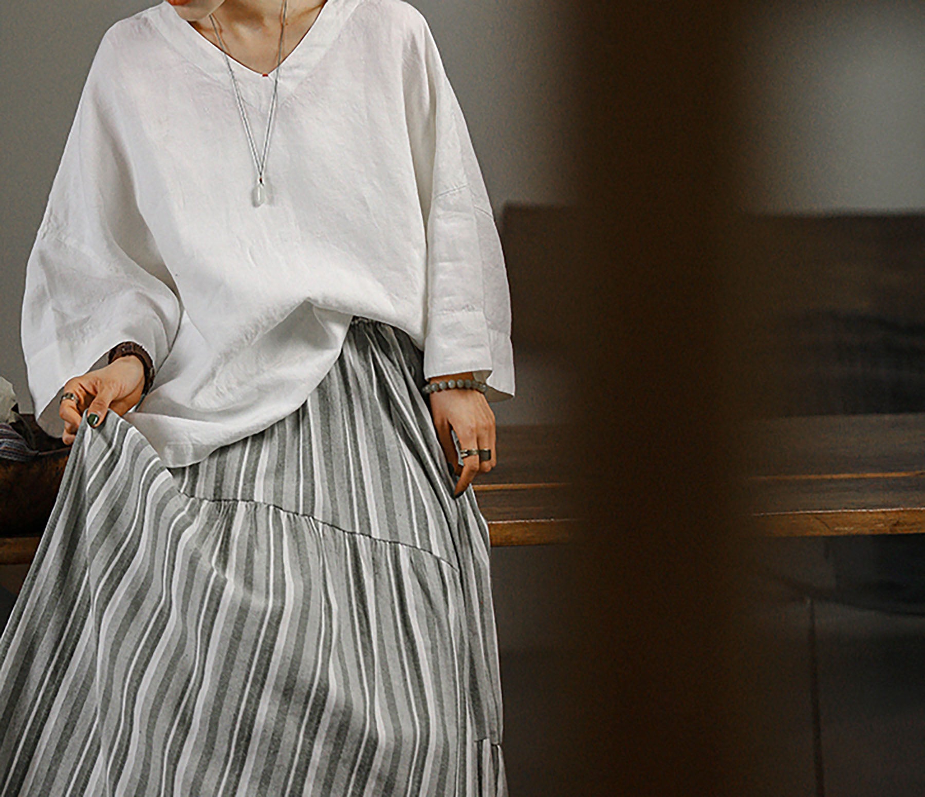 edoa Oversized Linen 3/4 Sleeves Blouse