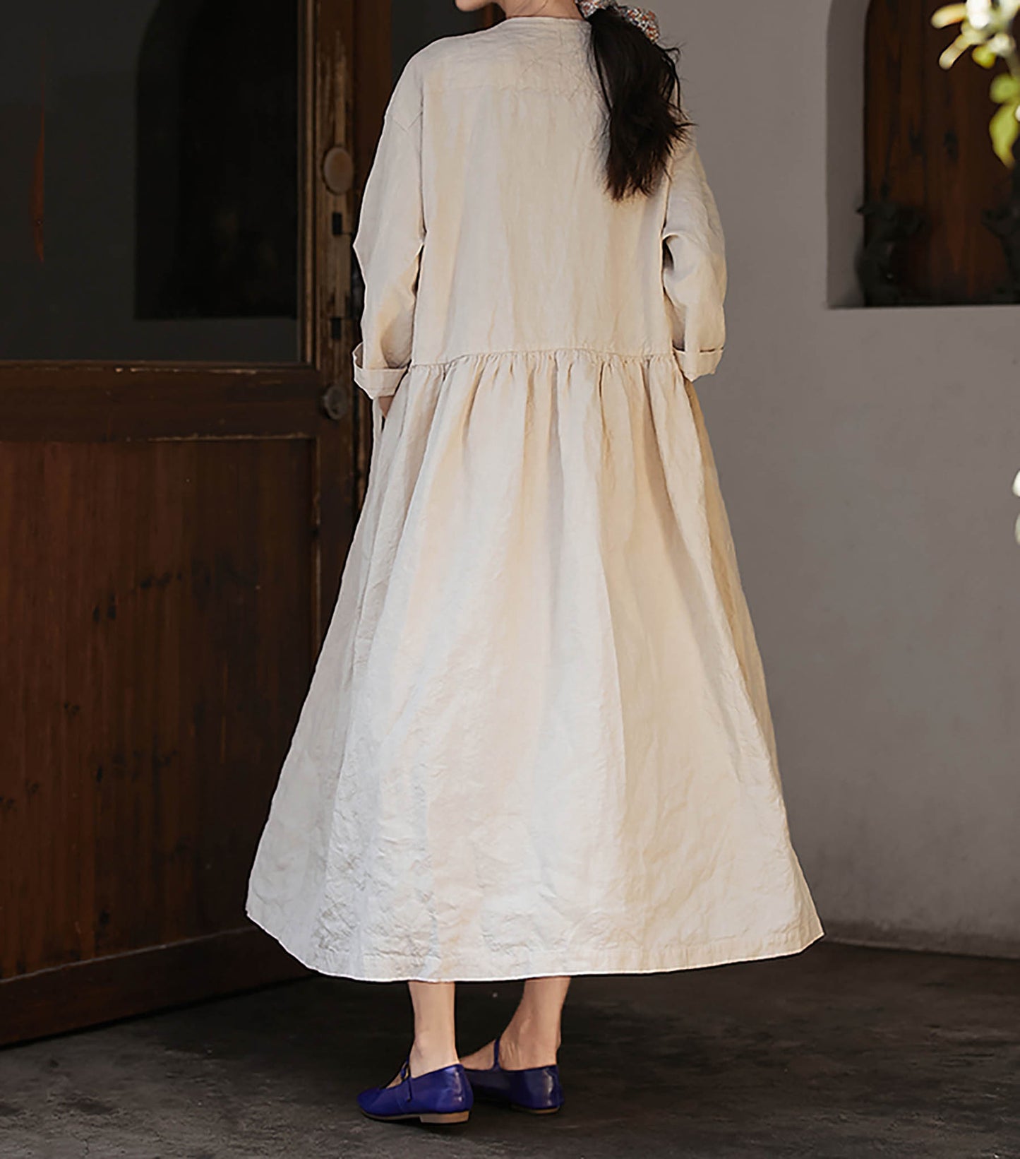 edoa Flax Linen Low-waist Wide Dress