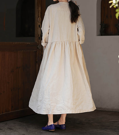 edoa Flax Linen Low-waist Wide Dress