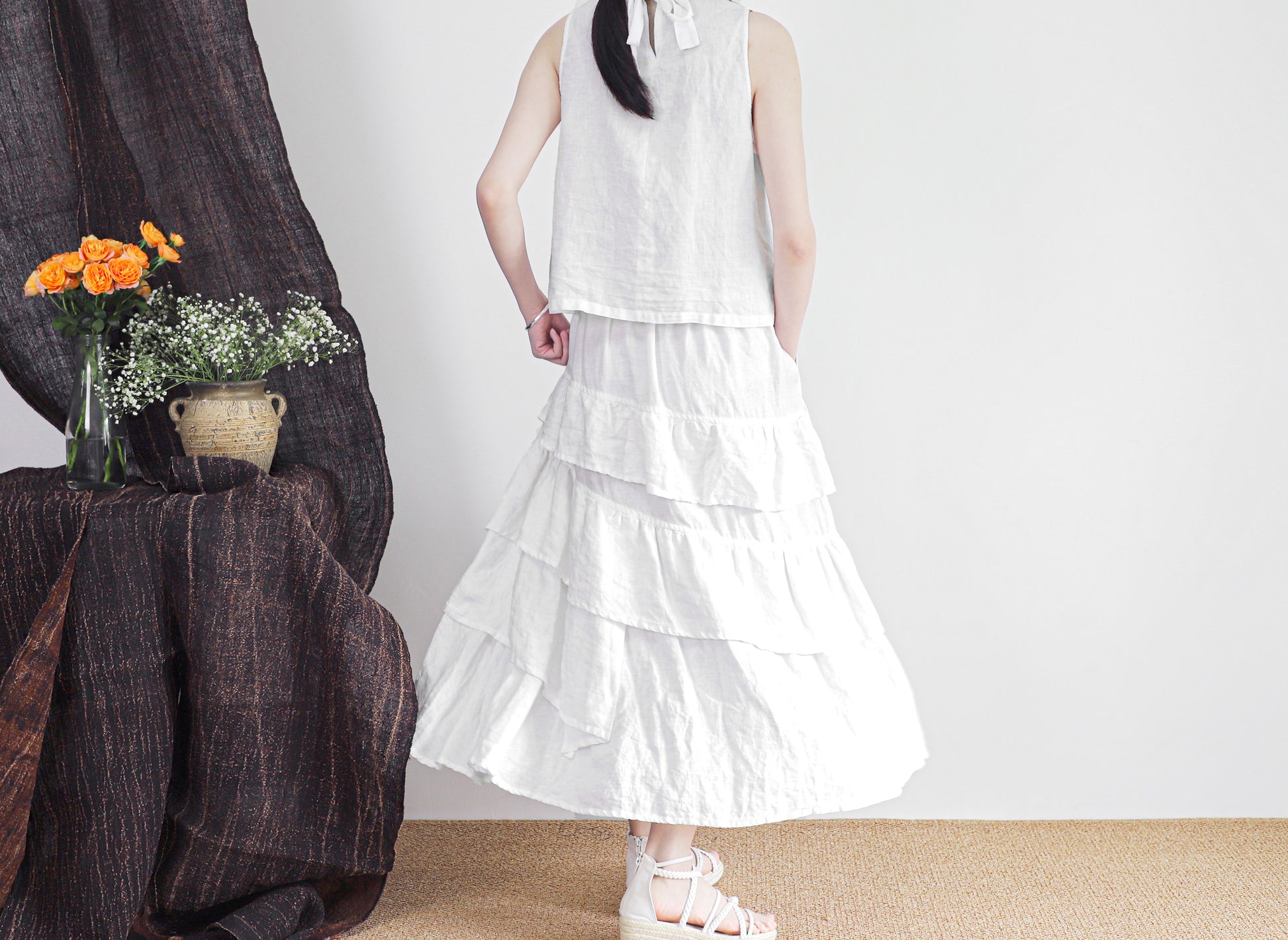 edoa linen tiered white skirt