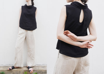 edoa Washed Linen Drape Collar Sleeveless Tunic