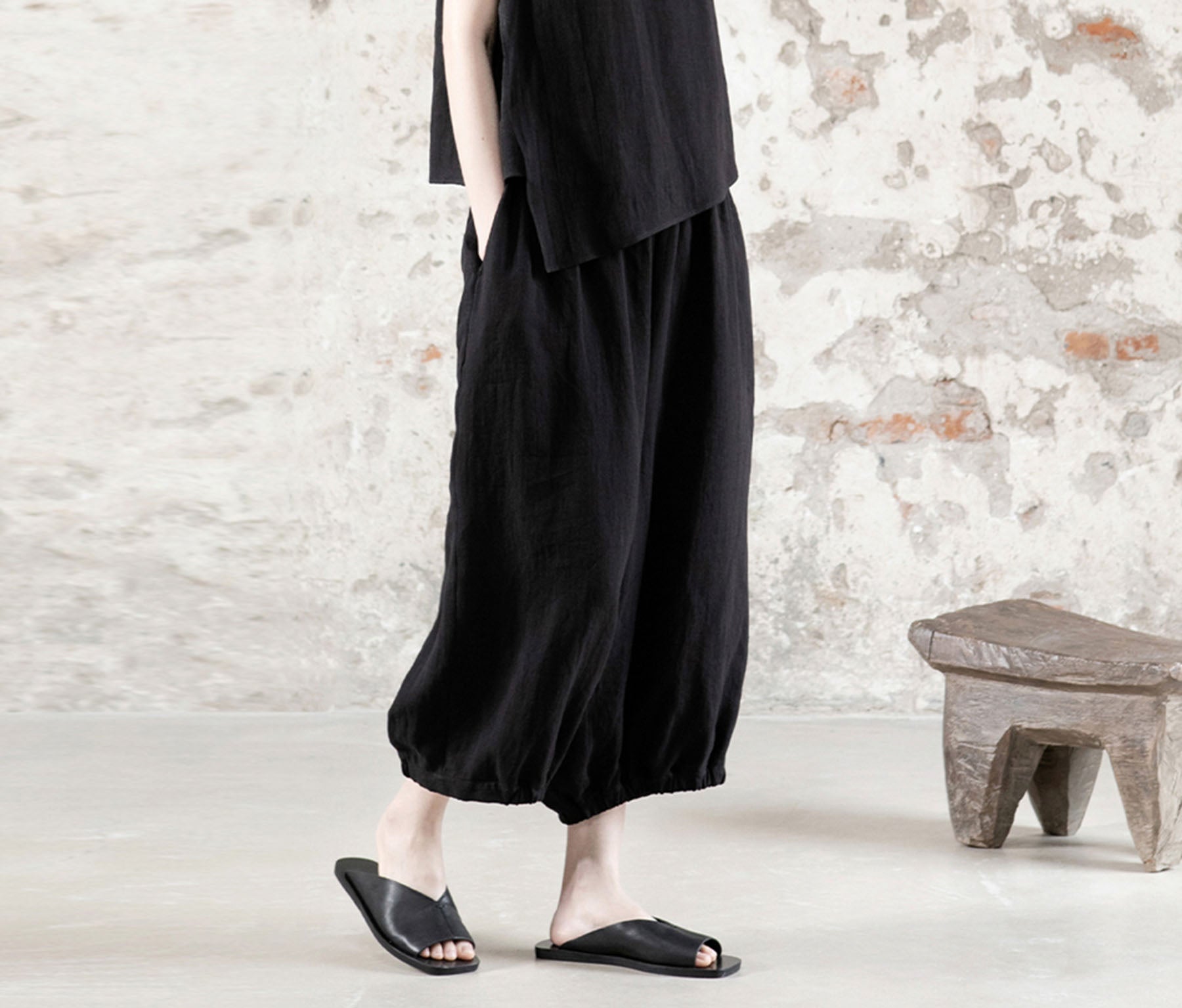 edoa High Counted Ramie Double Layer Lantern Pants