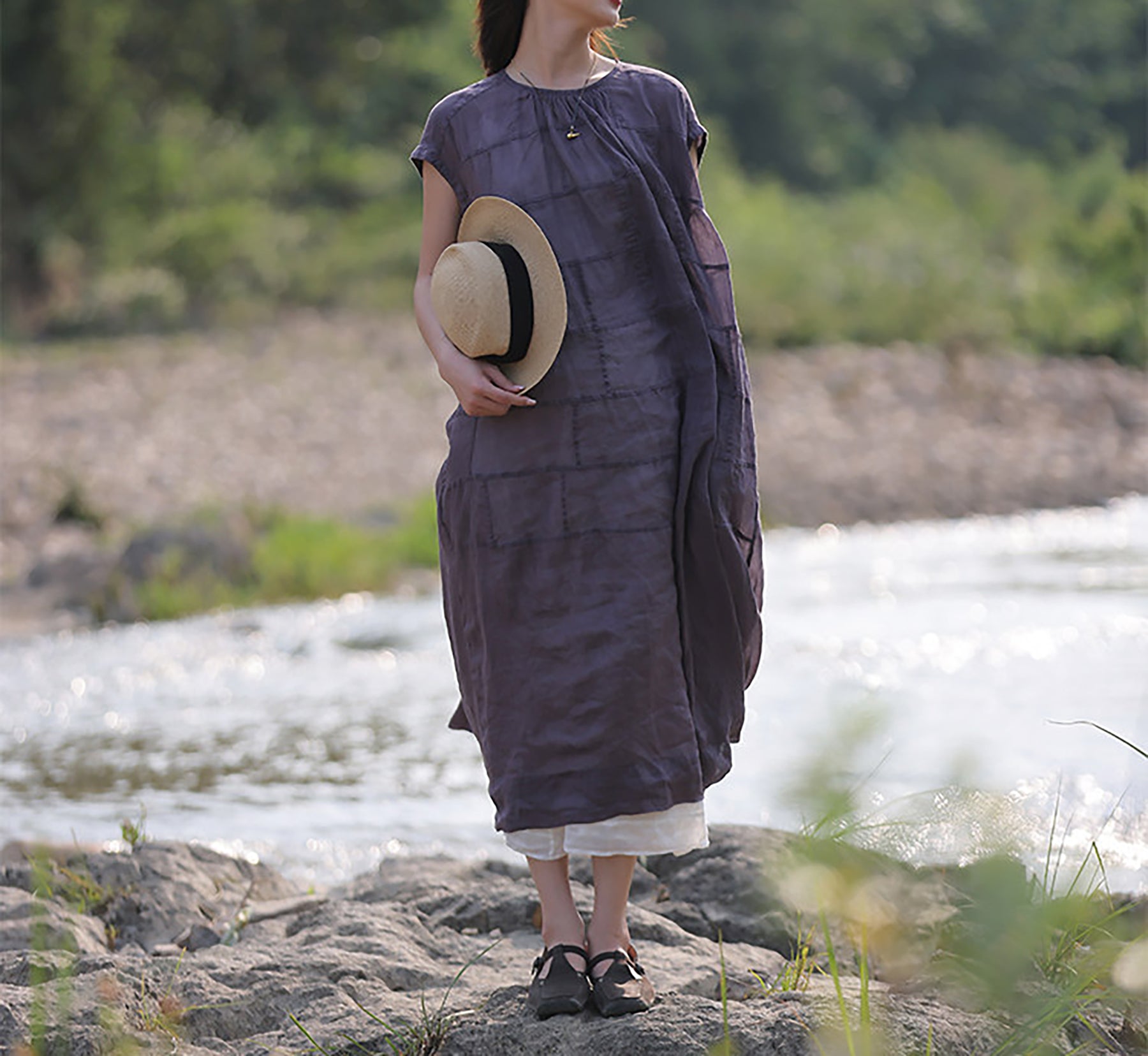 edoa Oversized Summer Light and Airy Ramie Robe with Geometric Patchwork