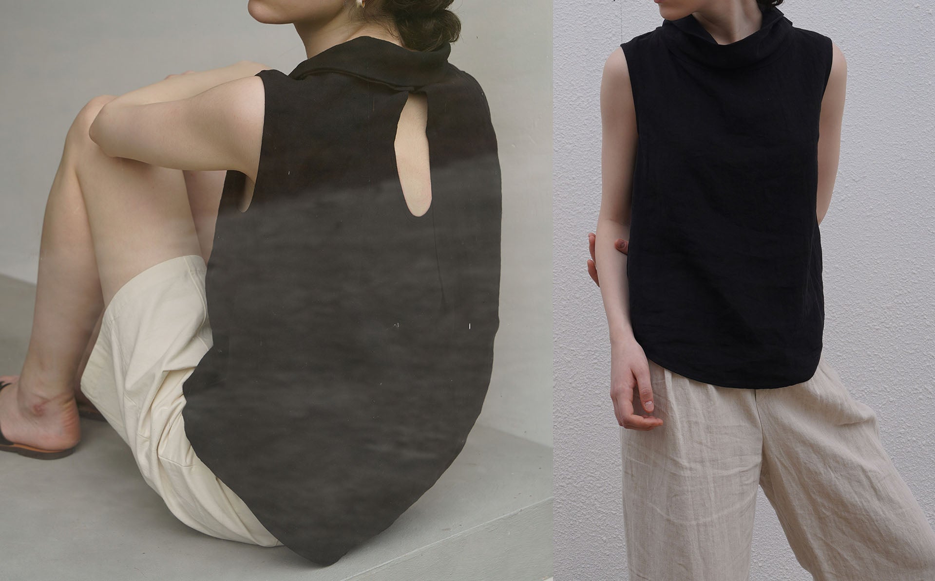 edoa Washed Linen Drape Collar Sleeveless Tunic