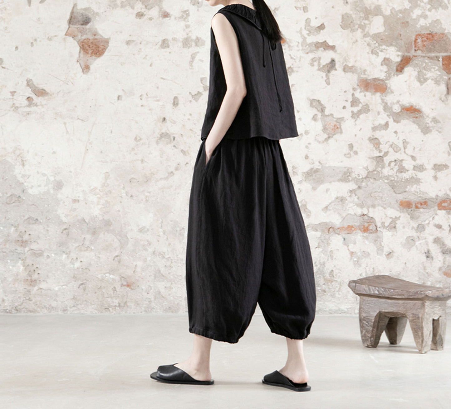 edoa High Counted Ramie Double Layer Lantern Pants