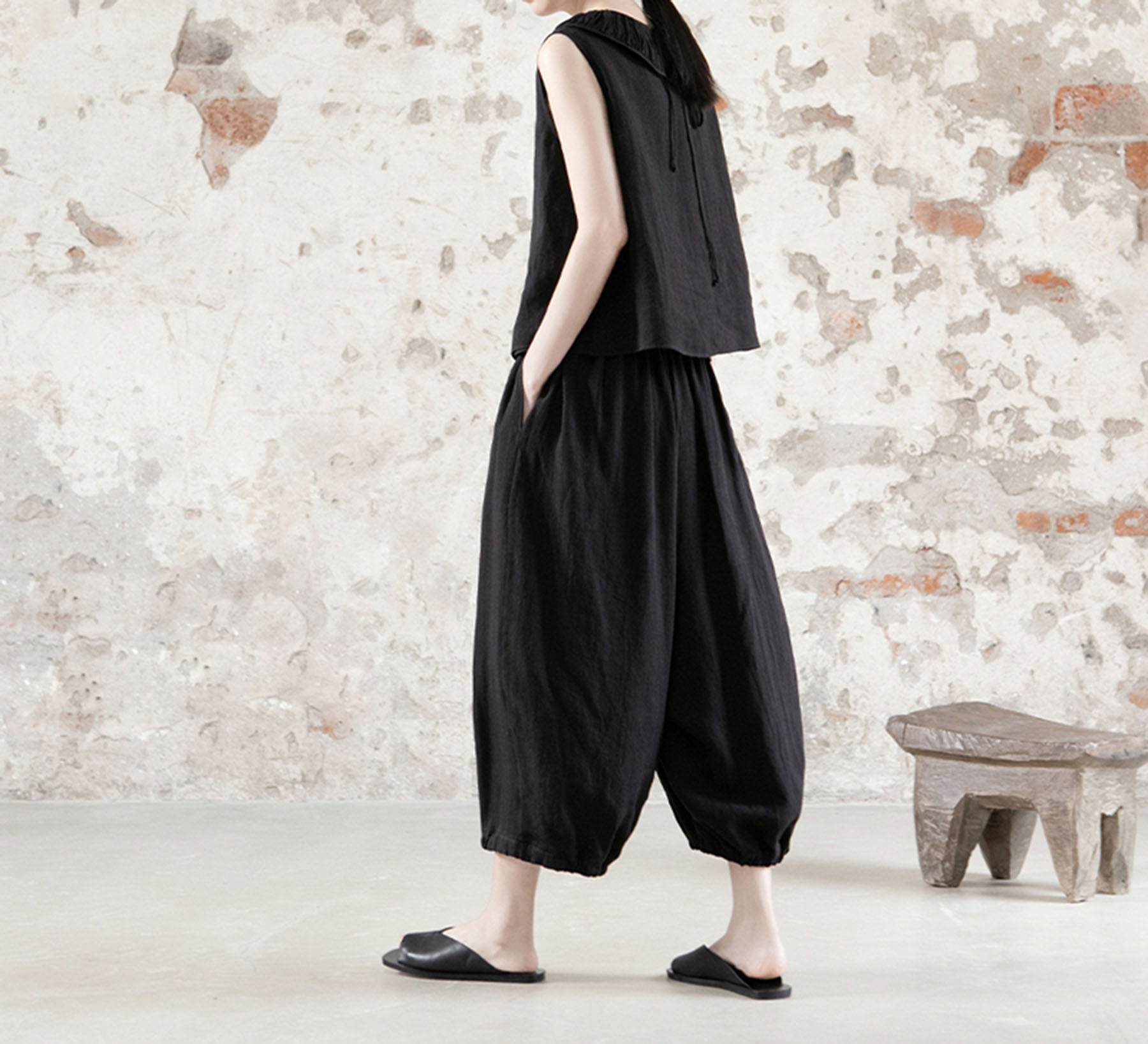 edoa High Counted Ramie Double Layer Lantern Pants