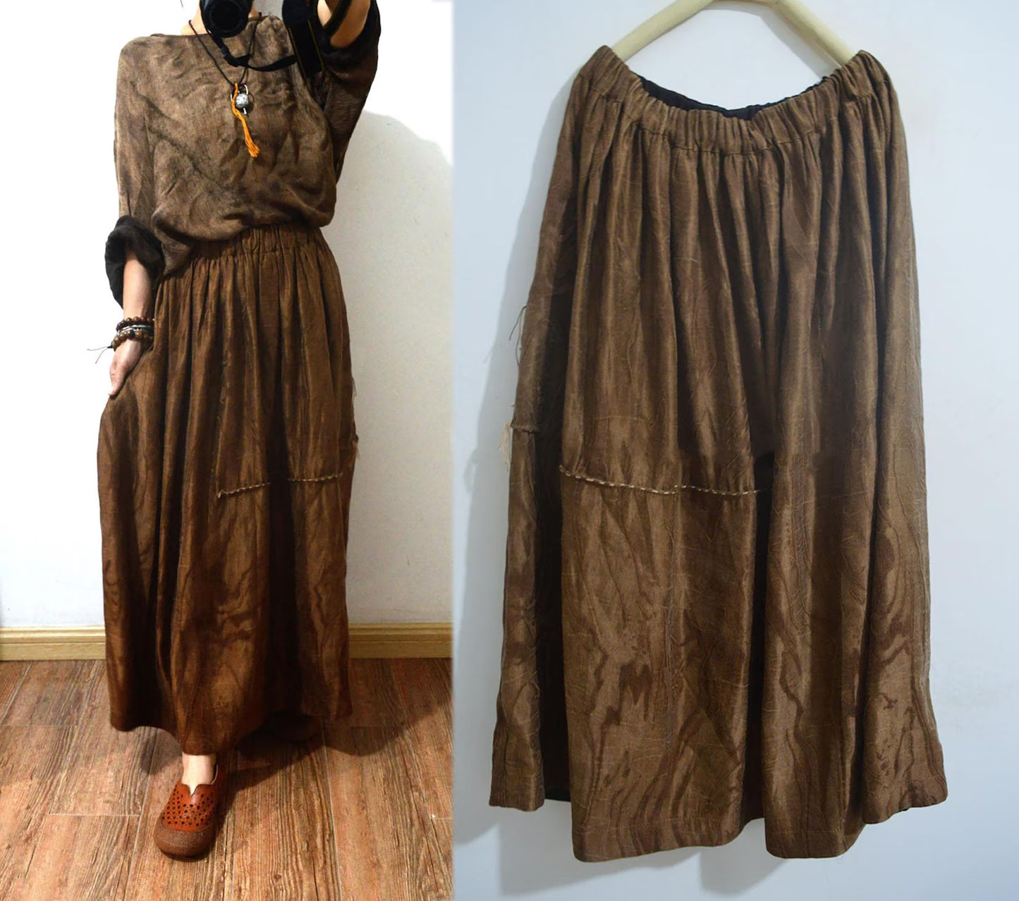 Mud Silk Linen Blend Jacquard A-line Pintuck Skirt sk0063 X304