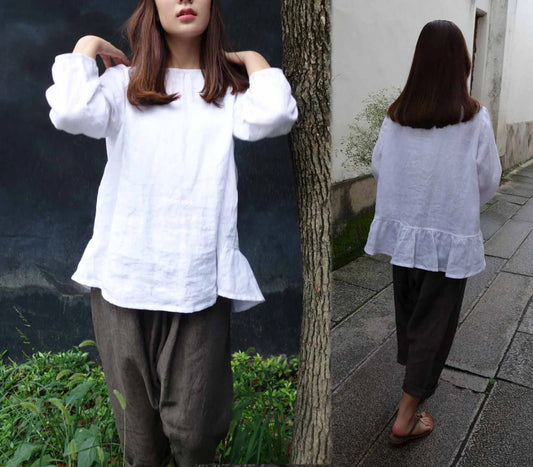 edoa Linen Peplum Top with Back Ruffled Hem