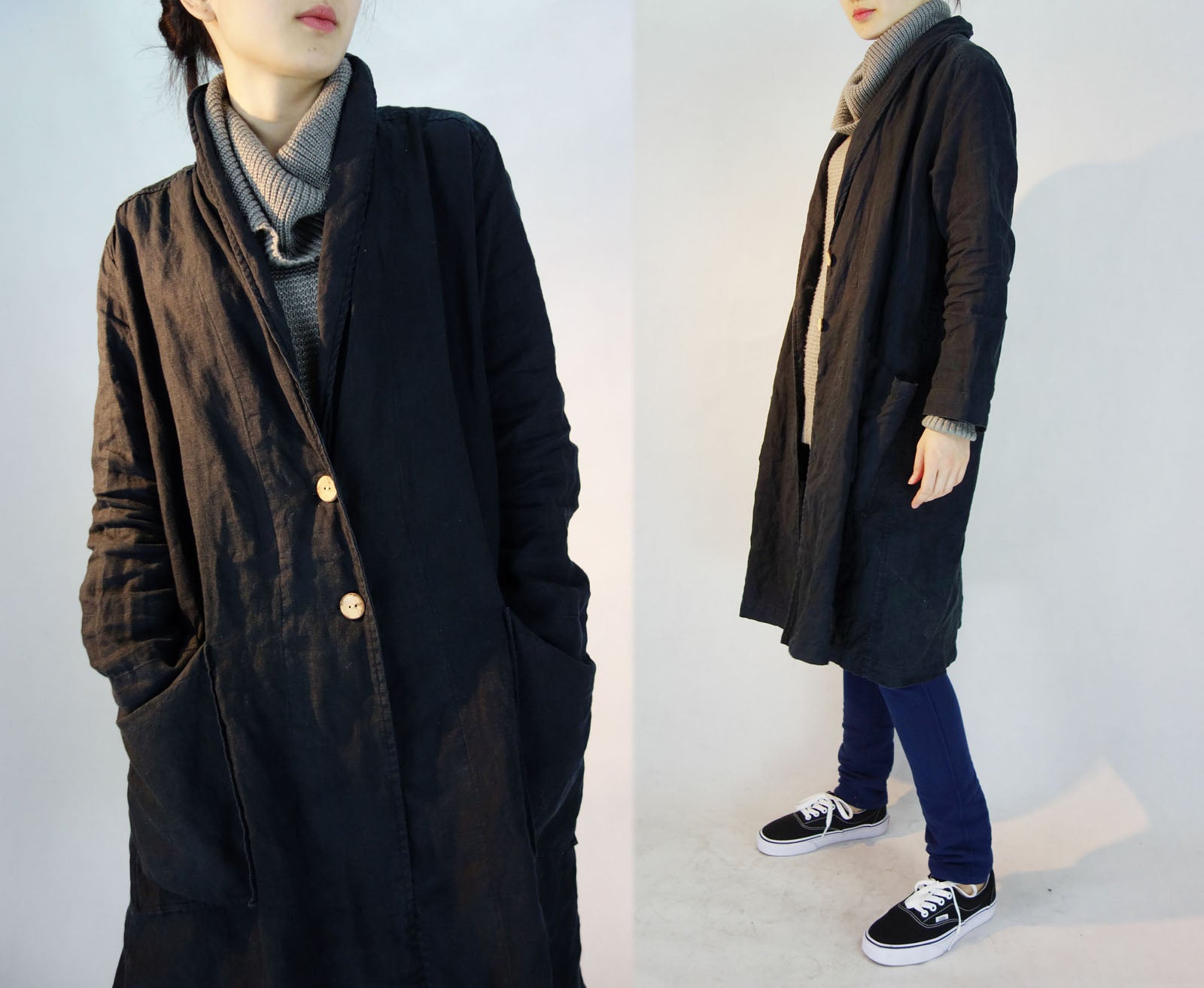edoa Shawl Collar Linen Trench Coat