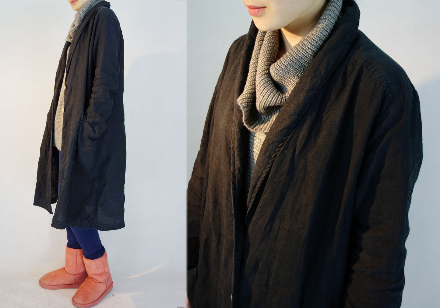 edoa Shawl Collar Linen Trench Coat