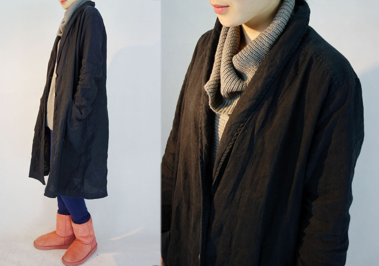 edoa Shawl Collar Linen Trench Coat