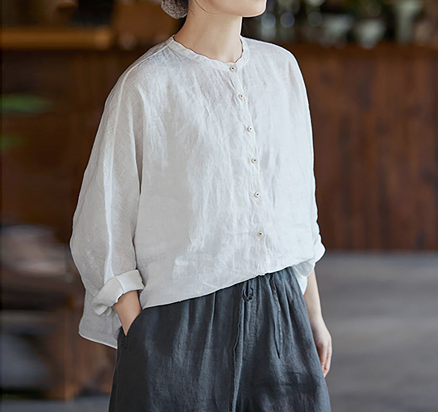 edoa Free Size Loose White Linen Petal Blouse 