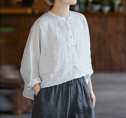 edoa Free Size Loose White Linen Petal Blouse 