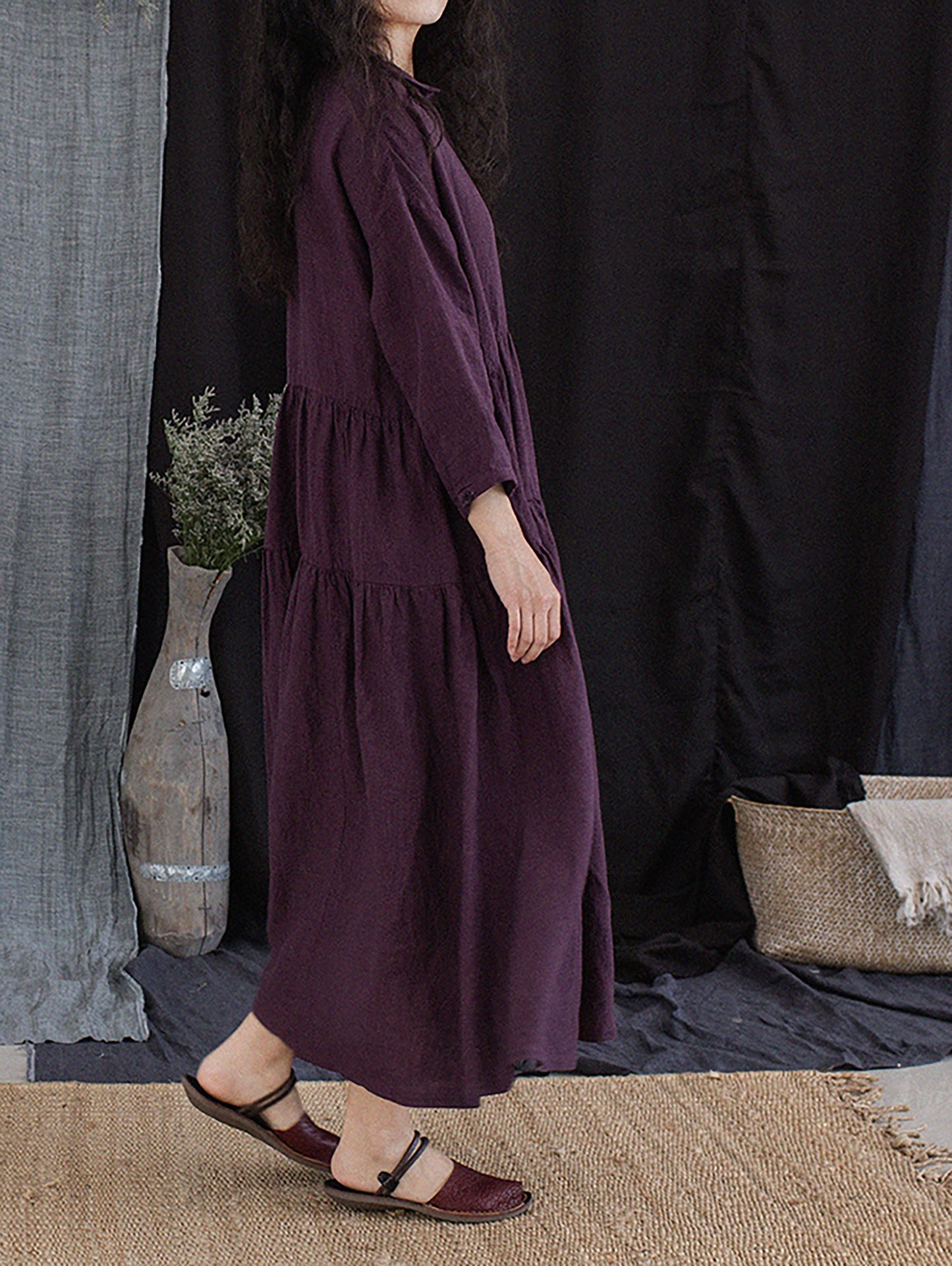 edoa Grape Purple Linen Peter Pan Collar Tiered Dress