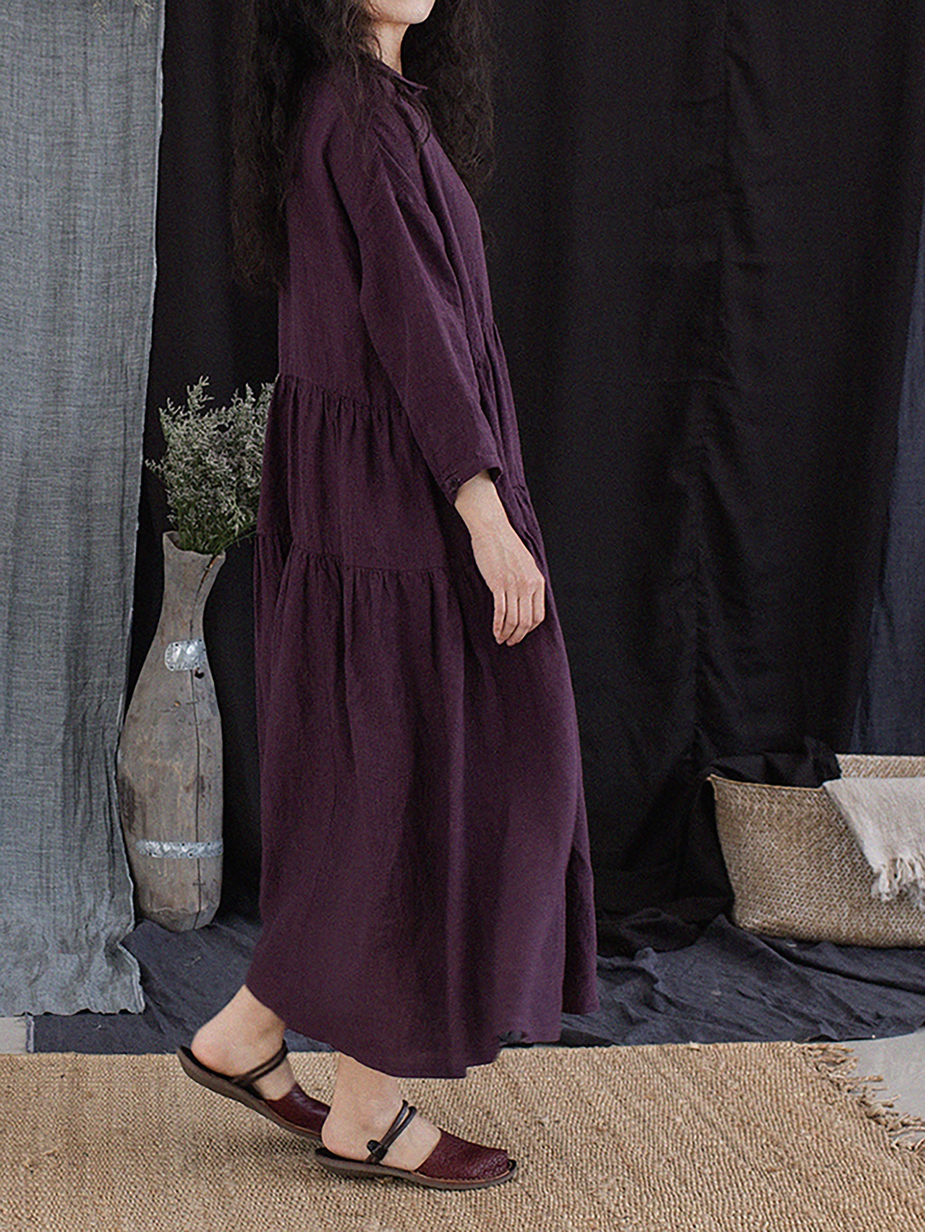 edoa Grape Purple Linen Peter Pan Collar Tiered Dress