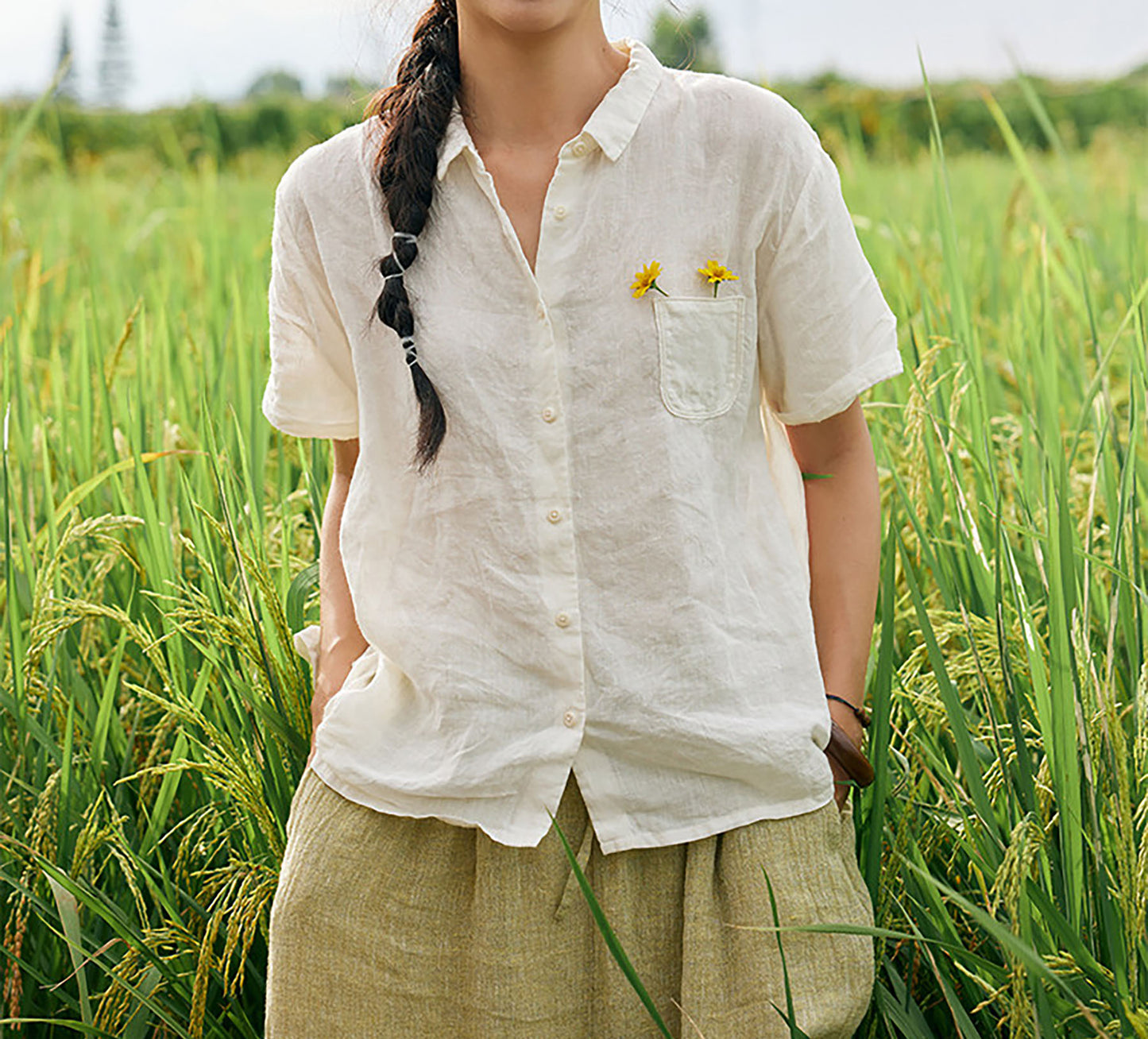 edoa Washed Linen Short Sleeve Artist Shirt 