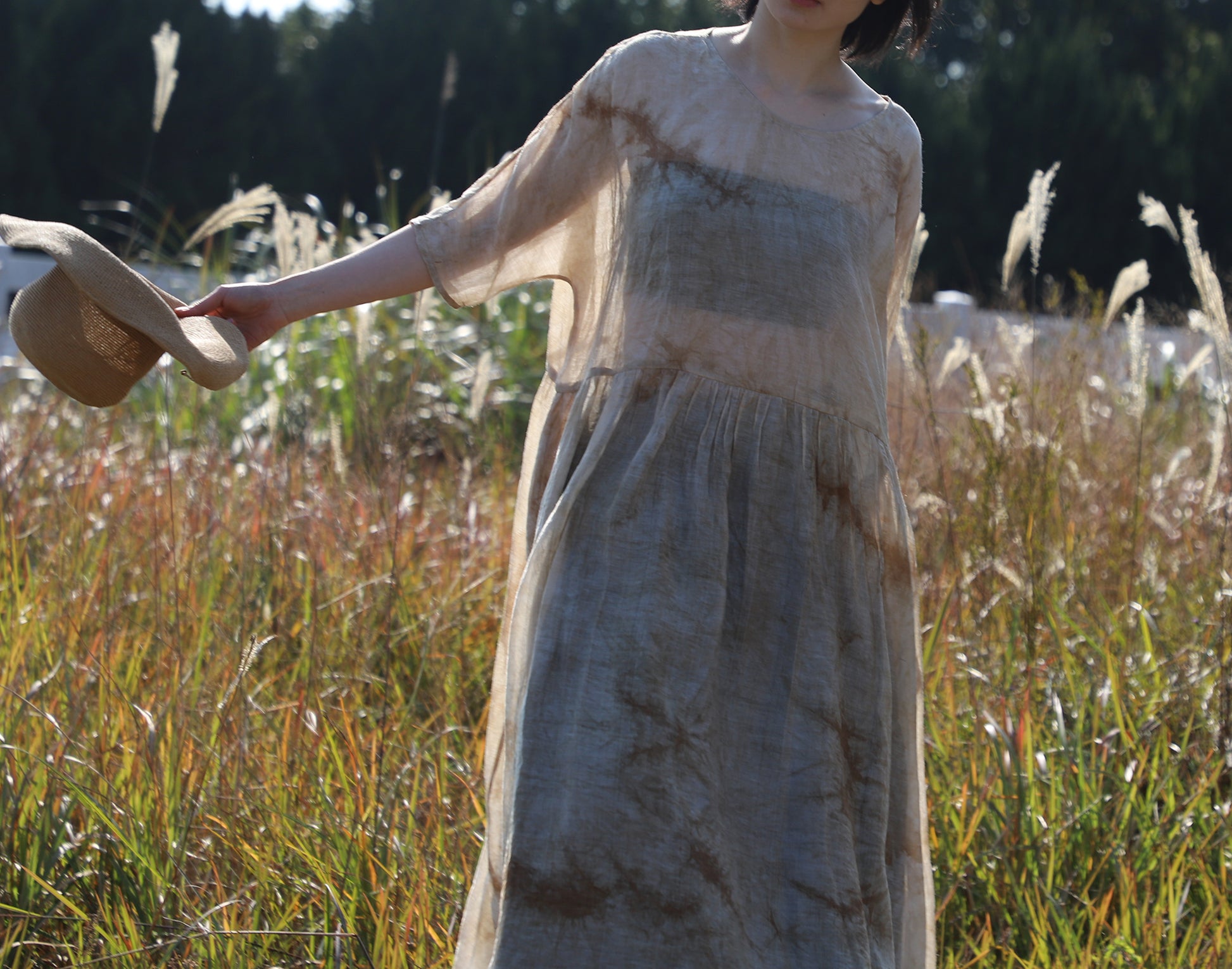 edoa Low Gathered Waist Oversized Linen Rayon Blend Dress
