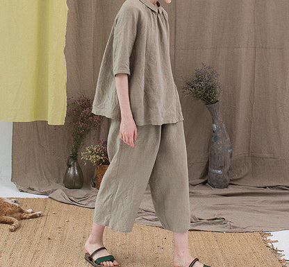 edoa Revesible Yarn dyed French Linen Peterpan Collar Blouse with Gather Neck