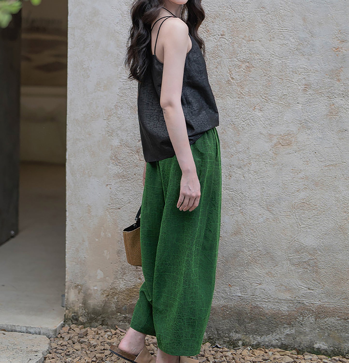 Emerald Green Cracked Mud Silk Tapered Pants pa0172 Q718